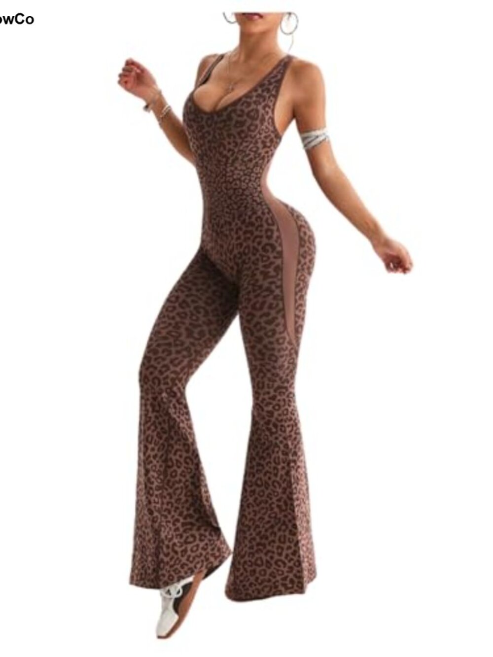 Sleeveless Leopard Print Flare Jumpsuit Scoop Neck Backless